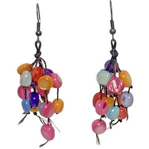 Vintage Rainbow Glass Beaded Dangle Earrings 2.5” Cluster Fringe Candy Summer